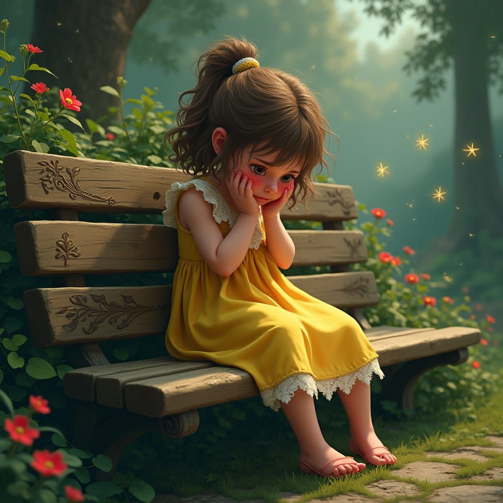 Melancholic Whimsy: A Young Girl's Solace in Nature