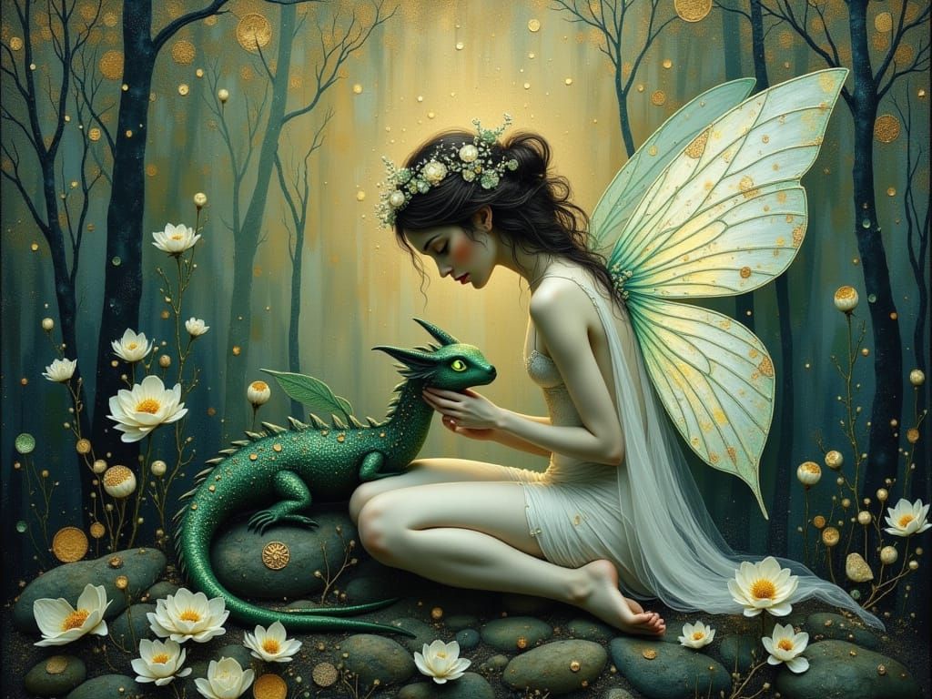 Ethereal Fairy Tends Injured Dragon in Twilight Forest
