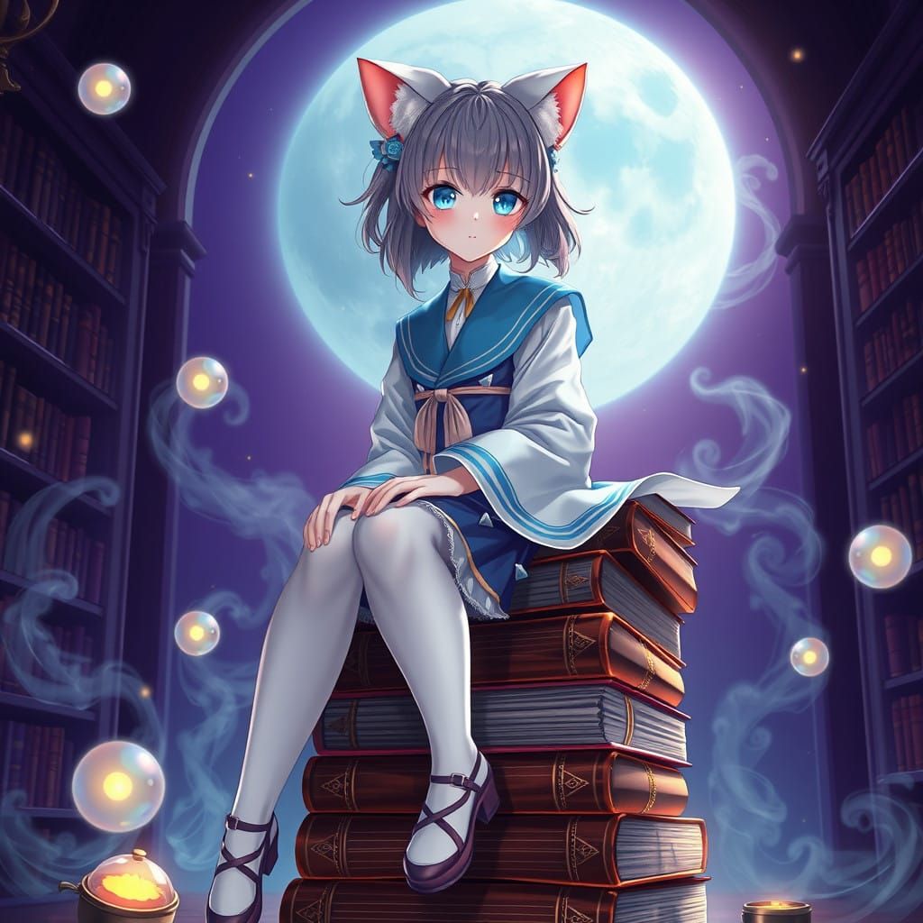 Anime Goddess in Traditional School Uniform with Feline Acce...