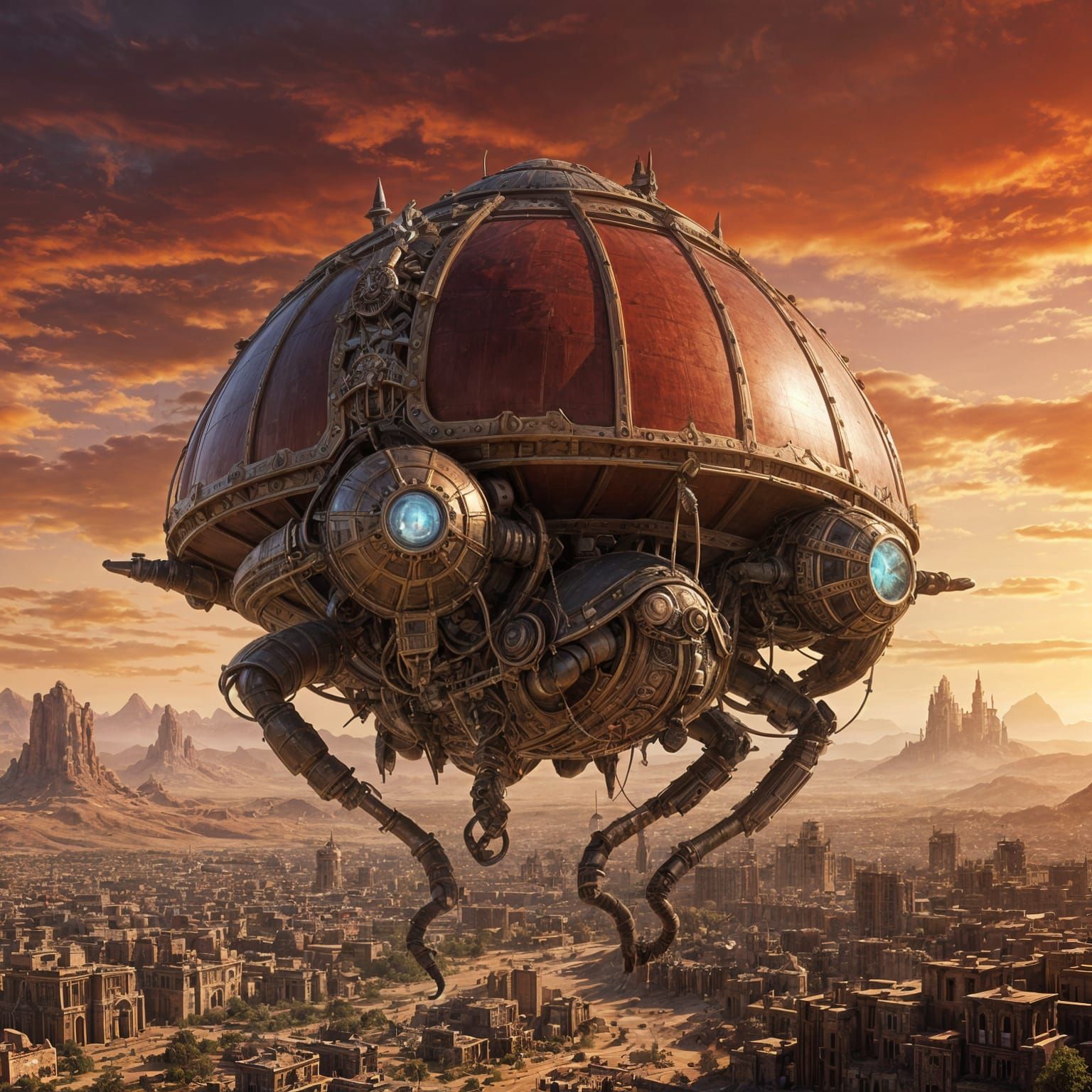 Steampunk Scarab Airship Soaring Over Desert City