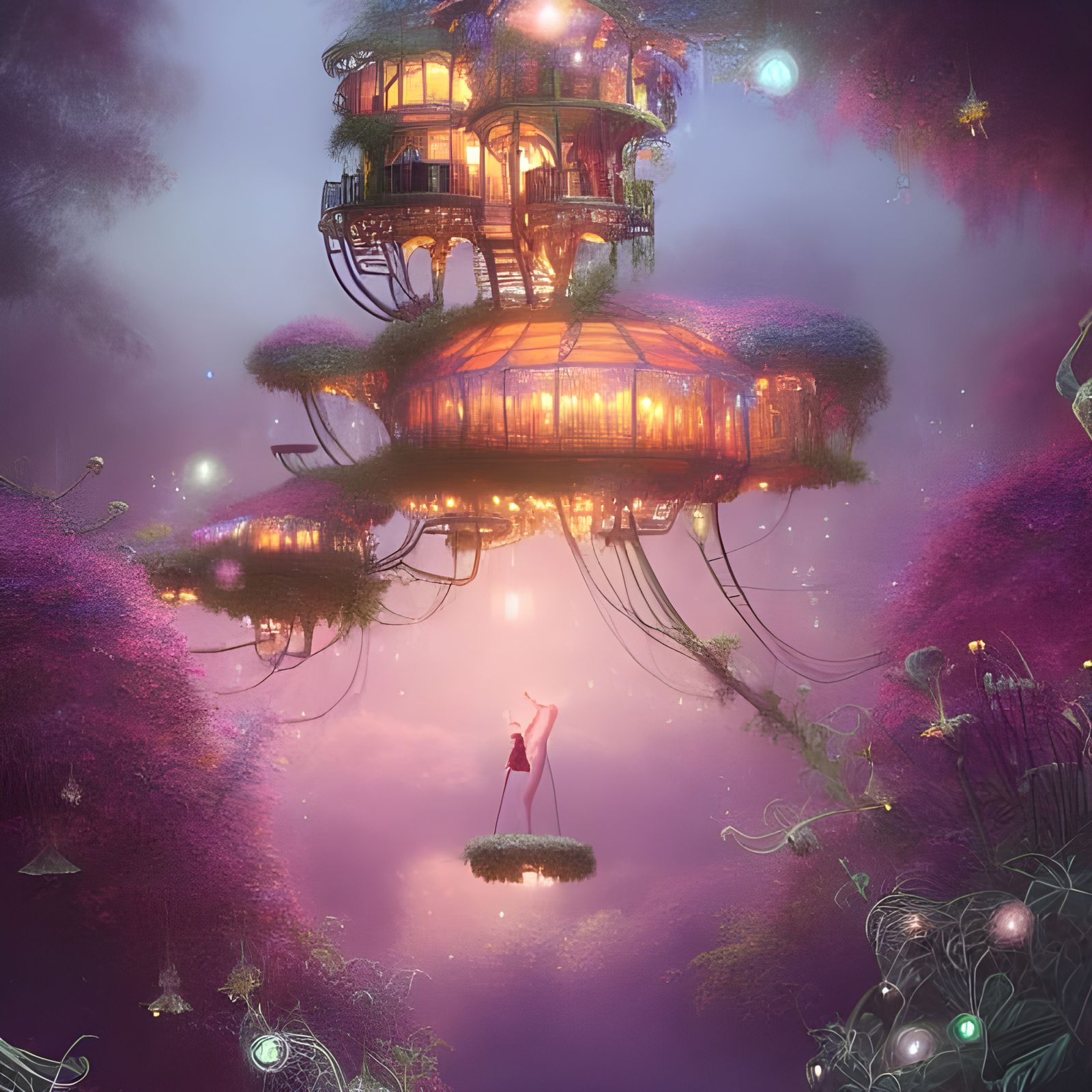 Floral Princess Treehouse with Crystal Stars in Digital Art