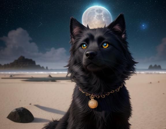 Black Dog on Starry Beach: Fantasy Art