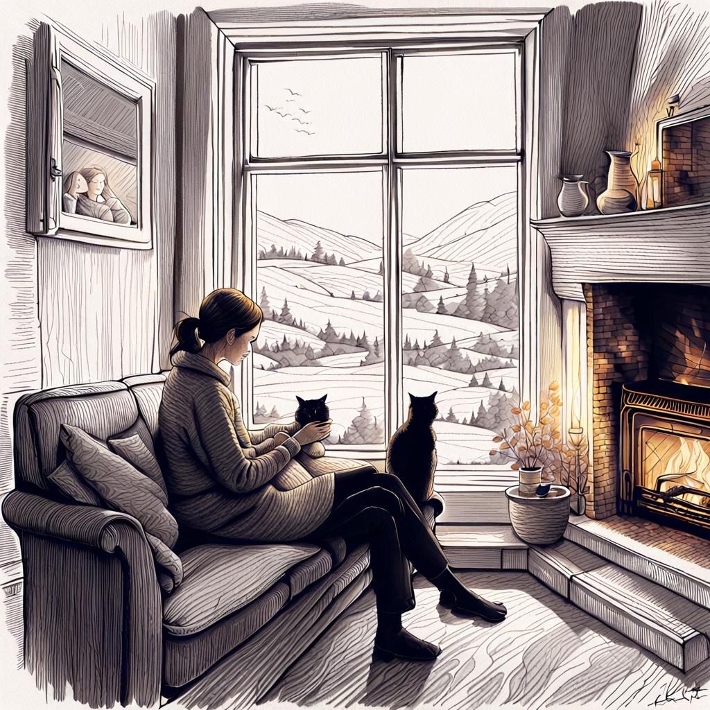Cozy Winter Evening: Woman and Cat by Fireplace