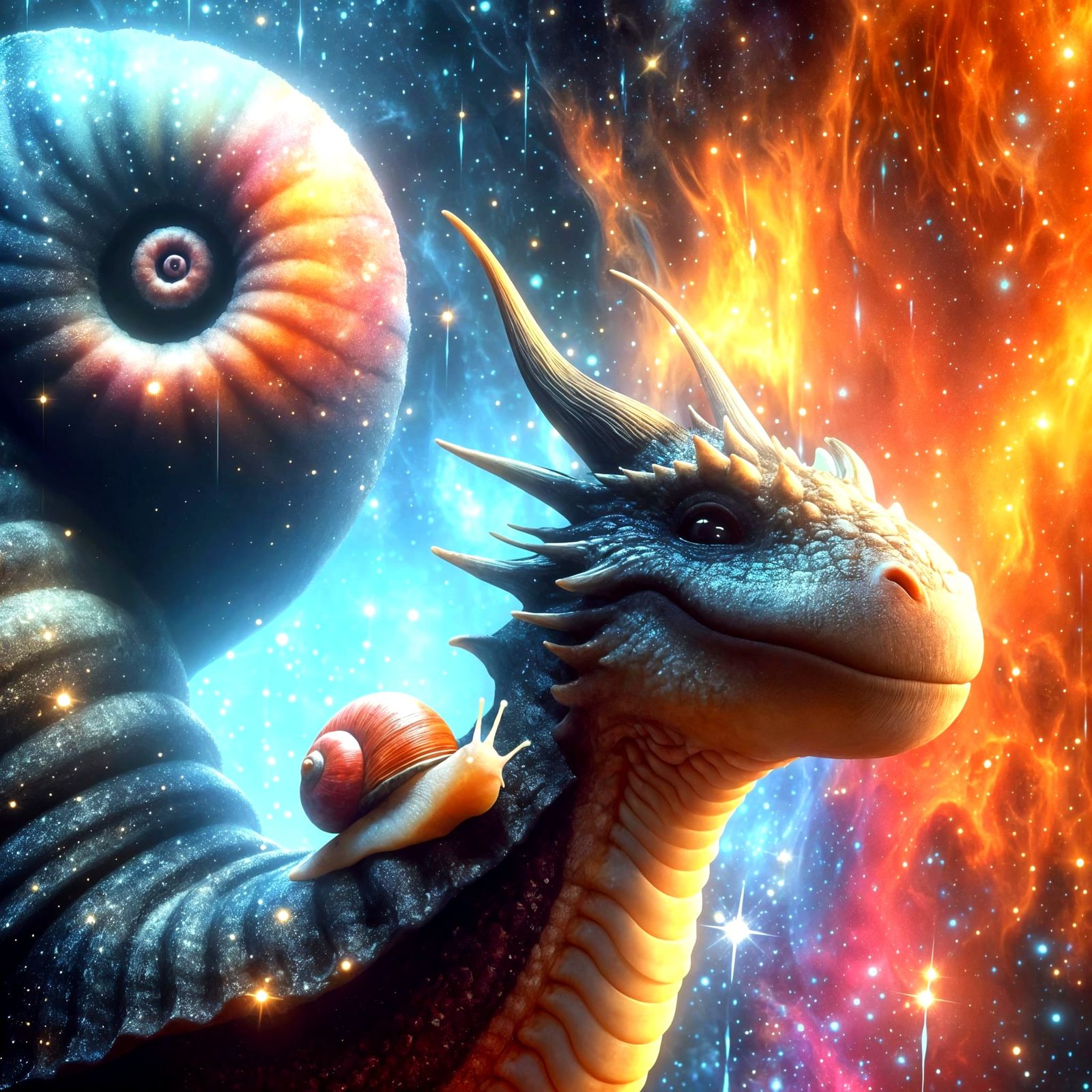 Cosmic Snail Rides Benevolent Dragon Through Space
