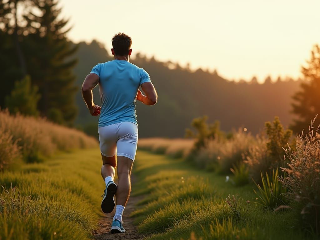 Athletic Man Jogging at Sunrise: Photorealistic Image