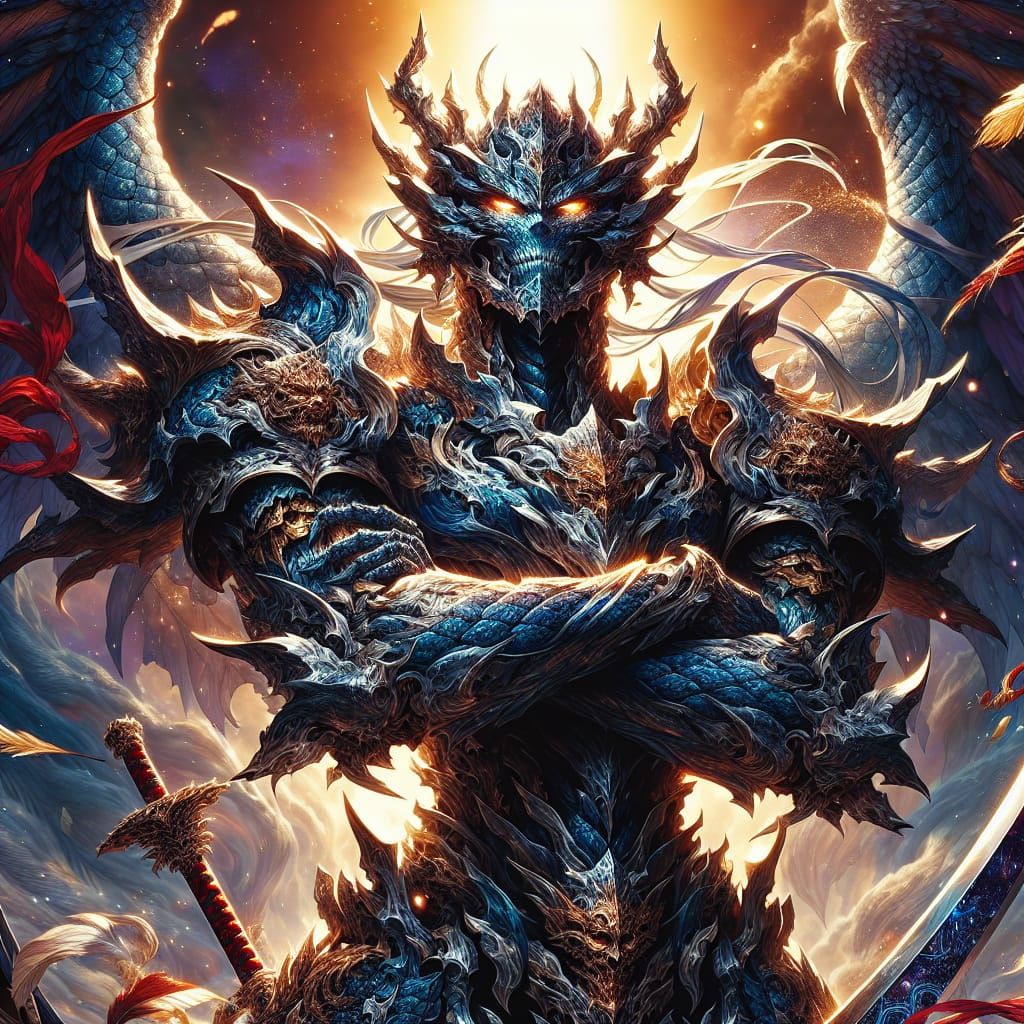 Anime Dragon Warrior with Sword in Fiery Sky