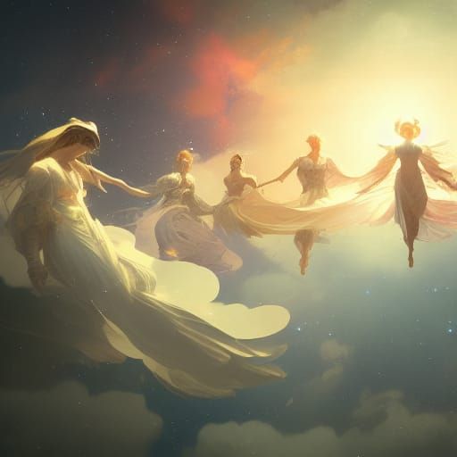 Angels Flying in a Hyperdetailed Night Sky