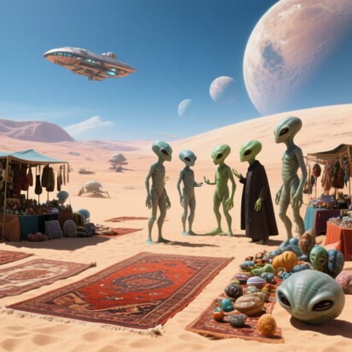 Alien Marketplace on Desert Planet in Hyper-Realistic Style