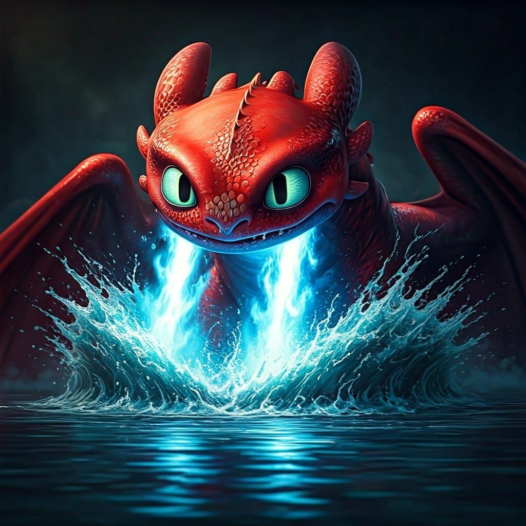Red Night Fury Dragon Blasting Water, Detailed Matte Paintin...
