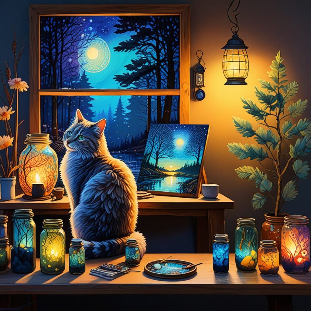 Wild Artist Cat in Whimsical Studio