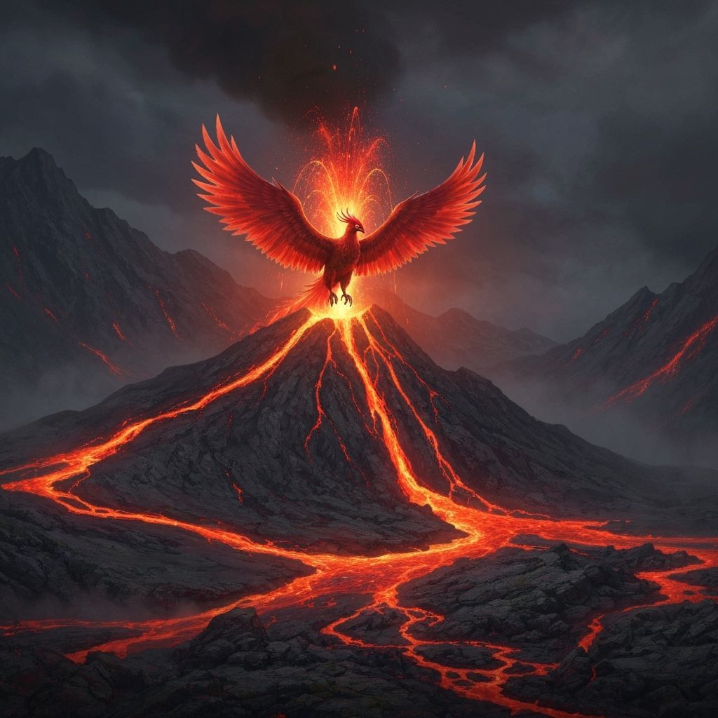 Phoenix Rising from Volcano in Detailed Matte Painting Style