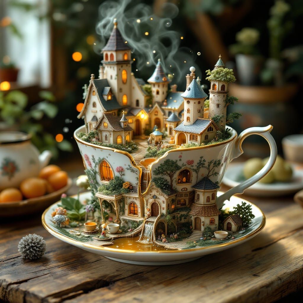 Enchanted Miniature Village in Teacup Photo