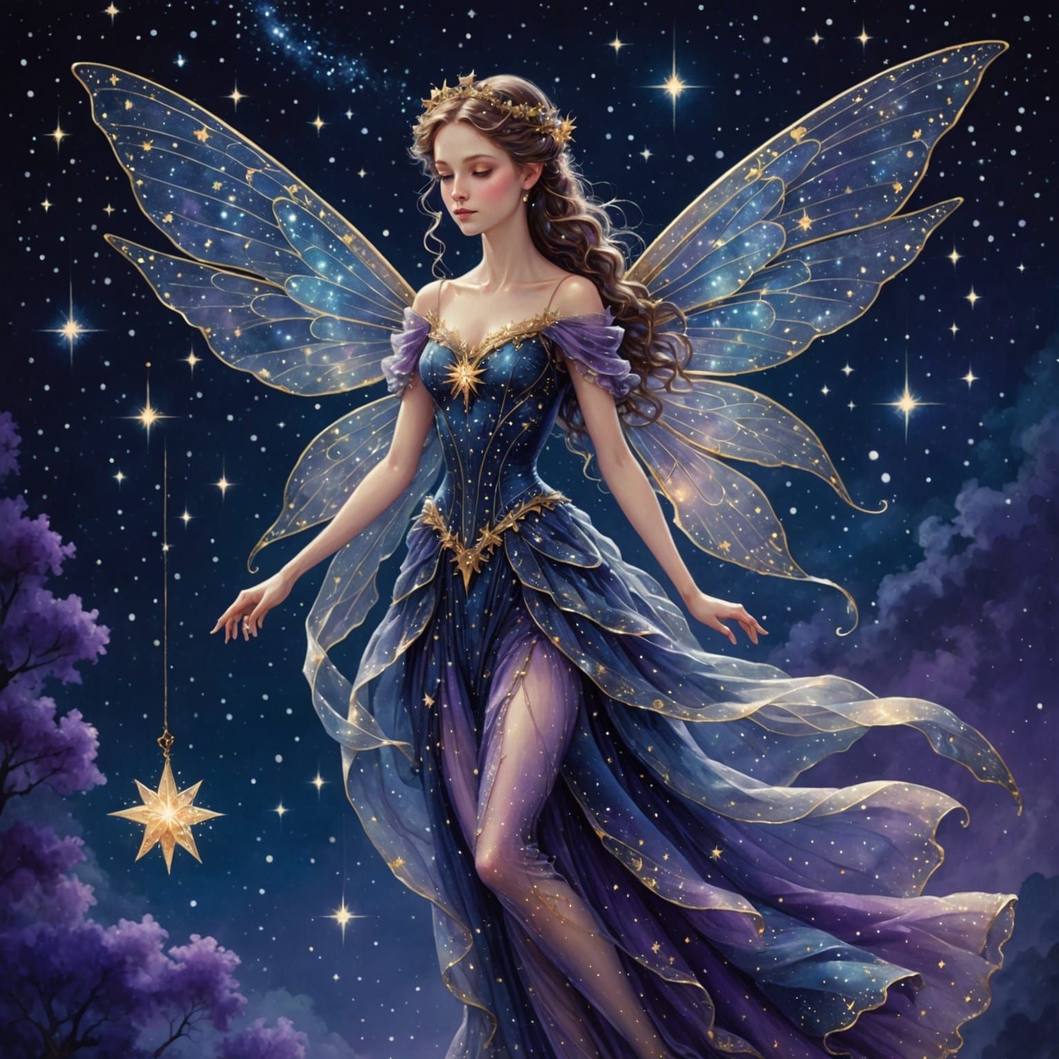 Victorian Star Fairy in Celestial Night Scene