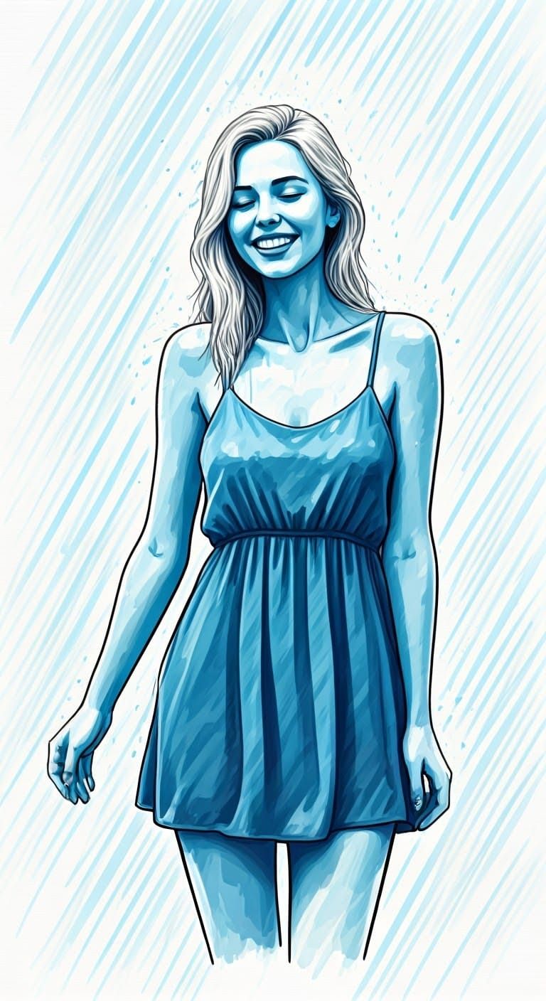 Vibrant Blue Ink Illustration of Carefree Joyful Woman in Ra...