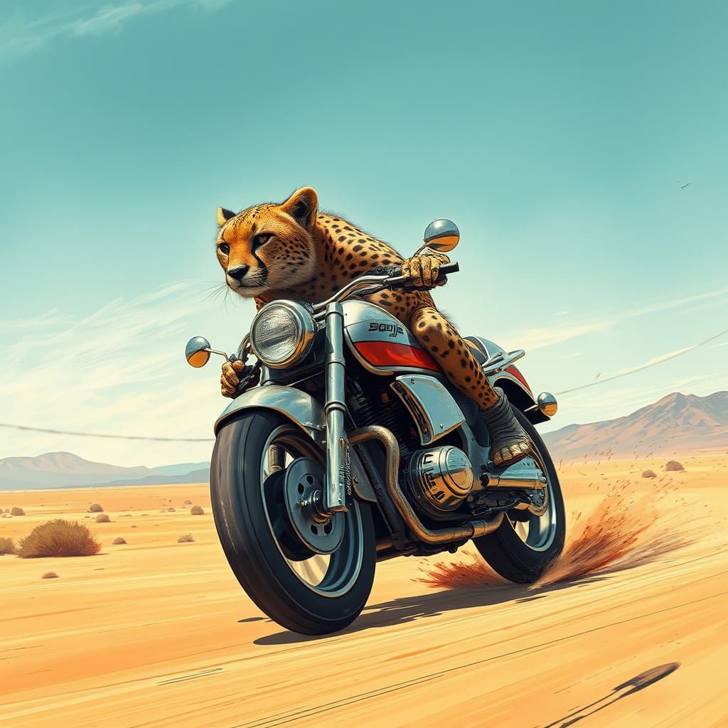 Cheetah on Motorcycle in Post-Apocalyptic Landscape
