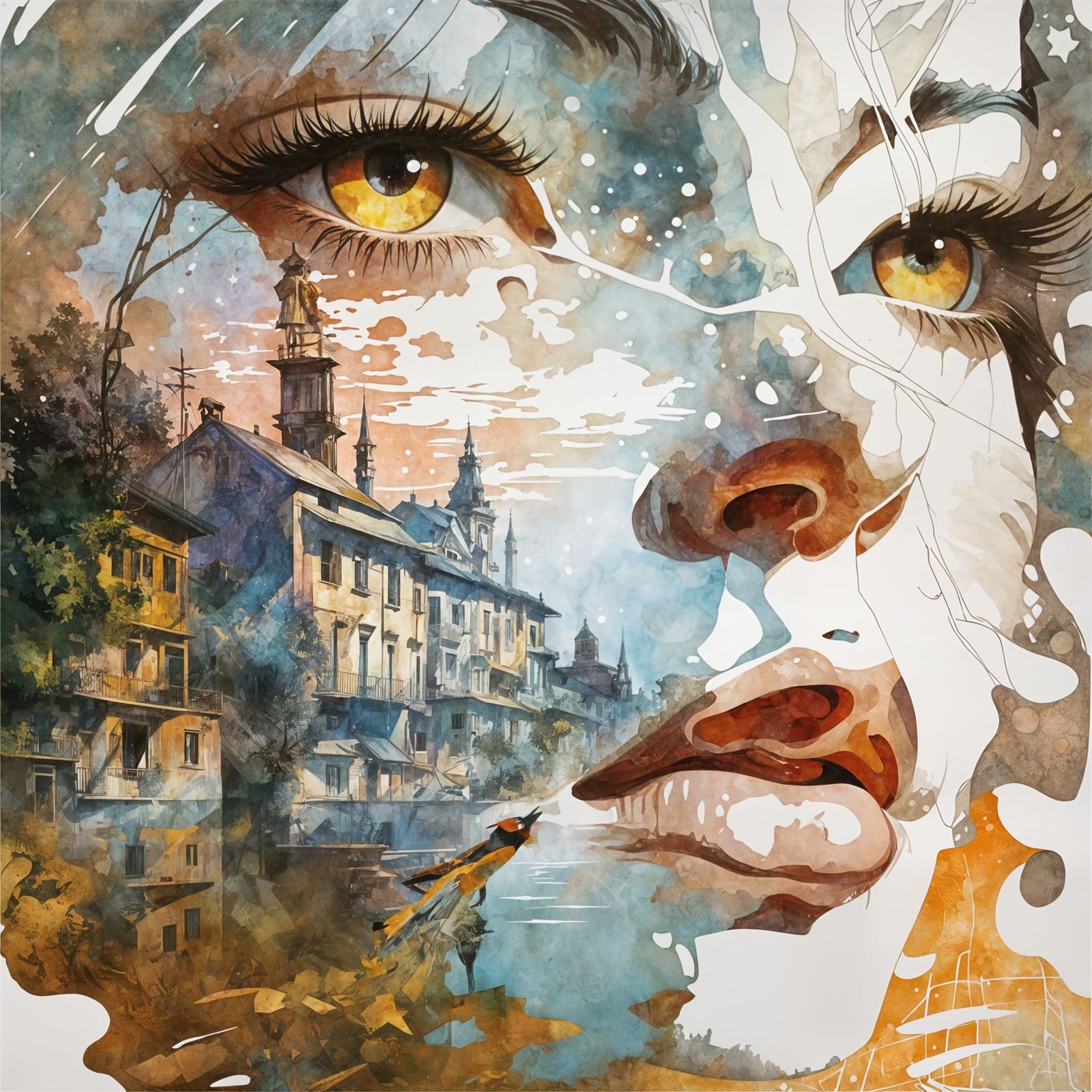 Galaxy Drips into Cityscape Silhouette Couple Head Double Ex...