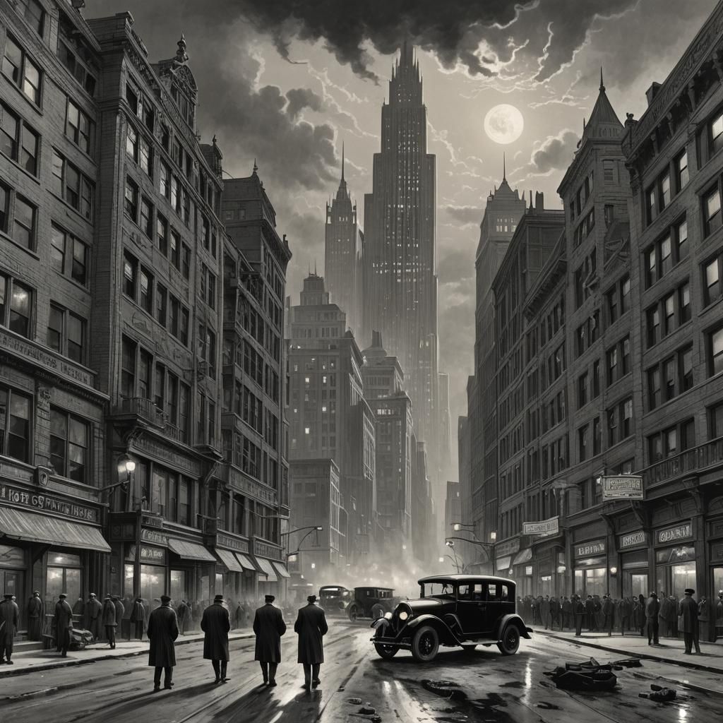 Lovecraftian Horror Over 1920s Chicago in Art Deco Style