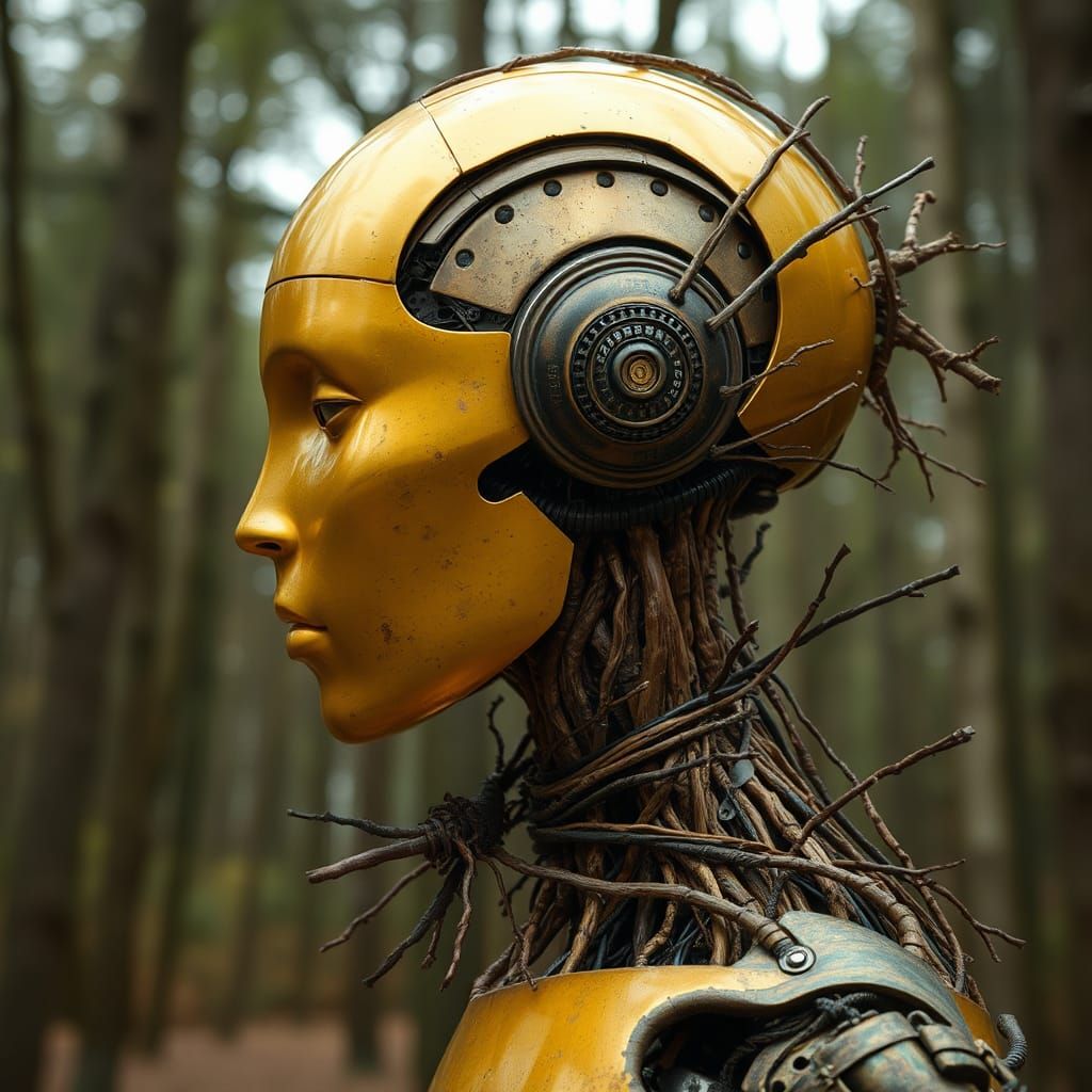 Biomechanical Android Portrait with Wooden and Metal Element...