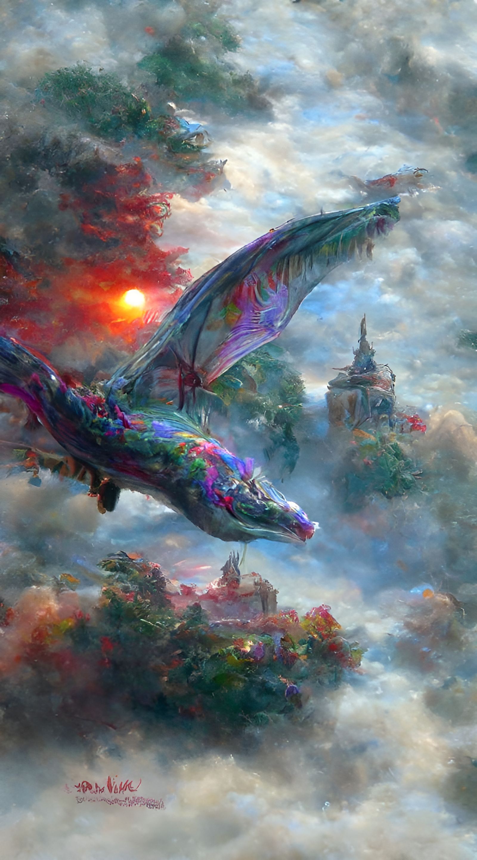 Ethereal Dragon Soaring Through Misty Skies