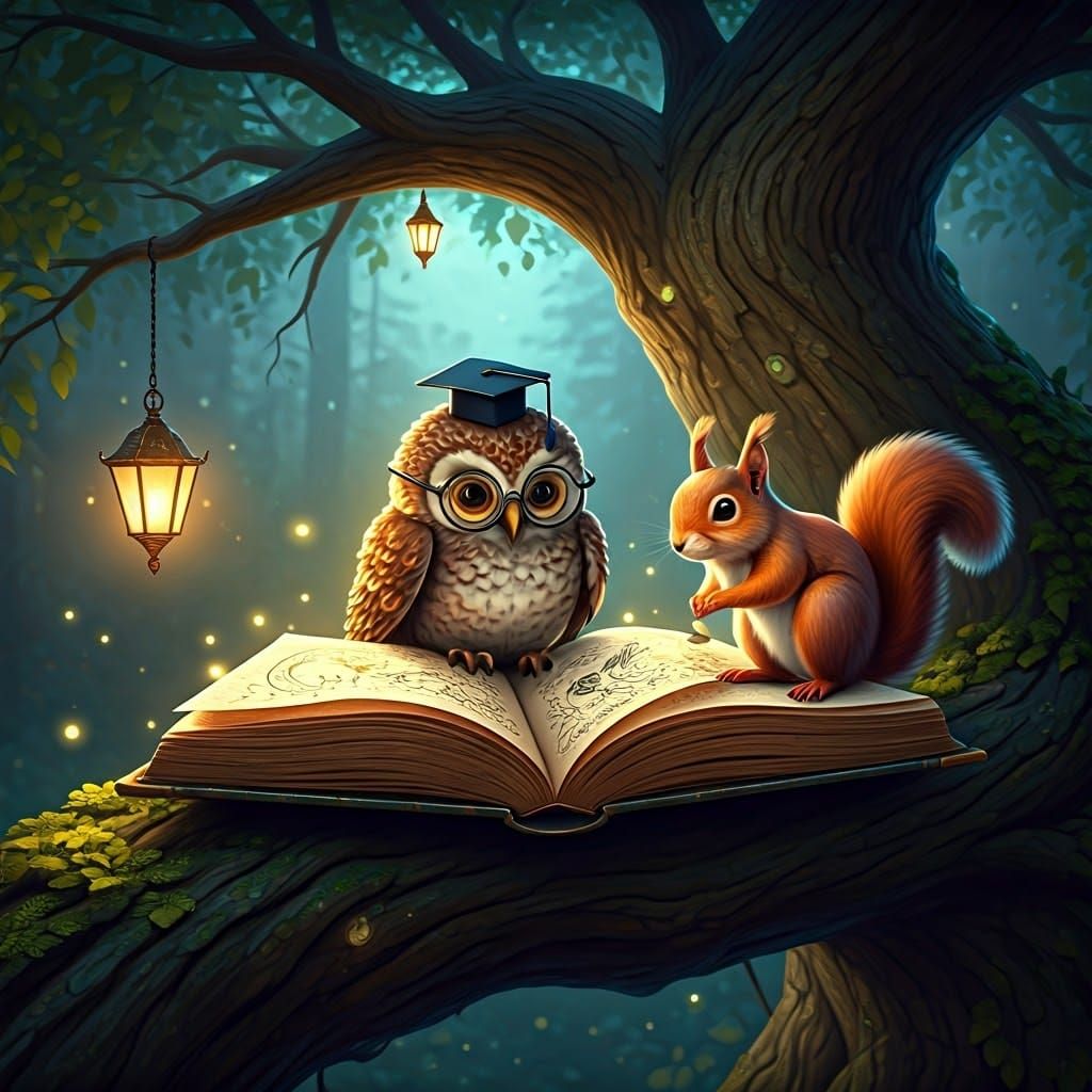 Whimsical Owl Studies Ancient Tomes in Dreamy Forest