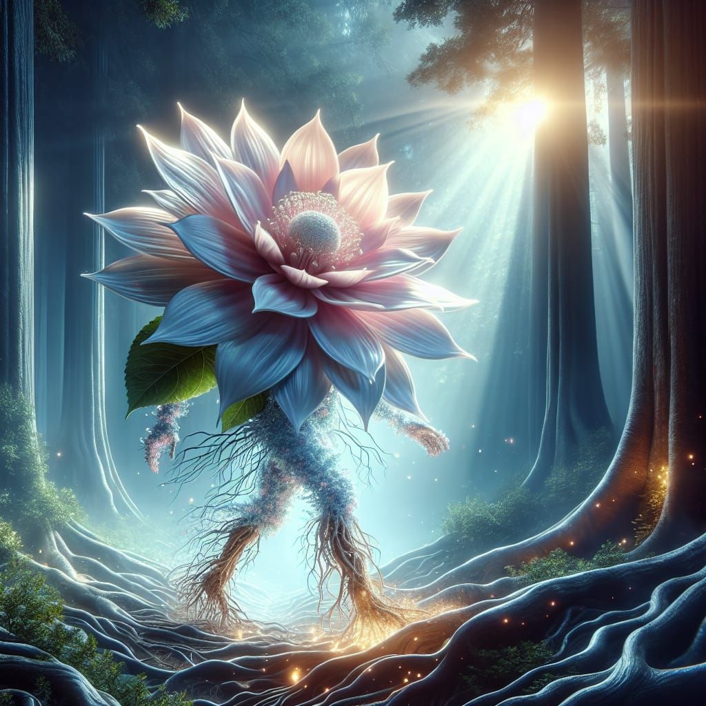 Radiant Flower with Face Walks Through Forest