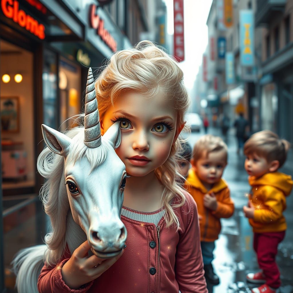 Girl and Unicorn in Urban Setting: 3D Rendering