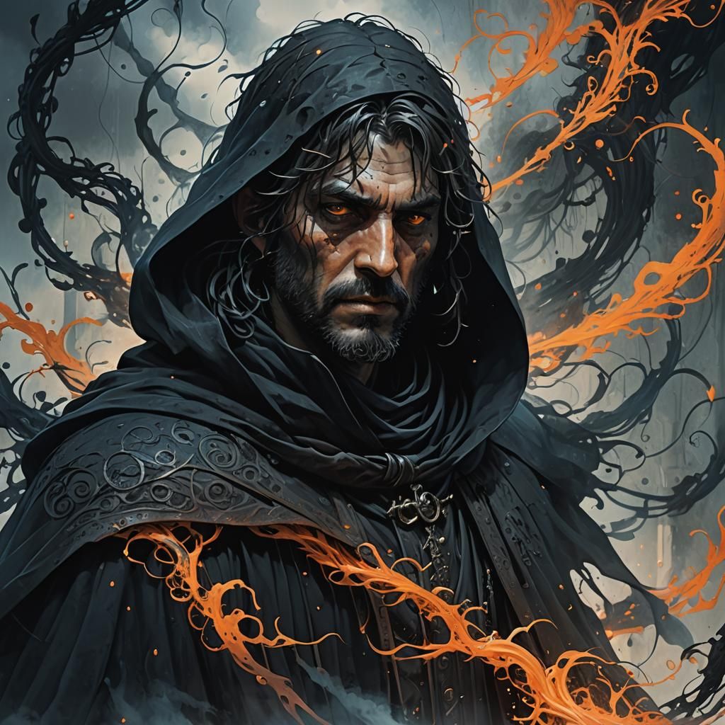Mystical Man in Black Mist Cloak, Dark Fantasy Art