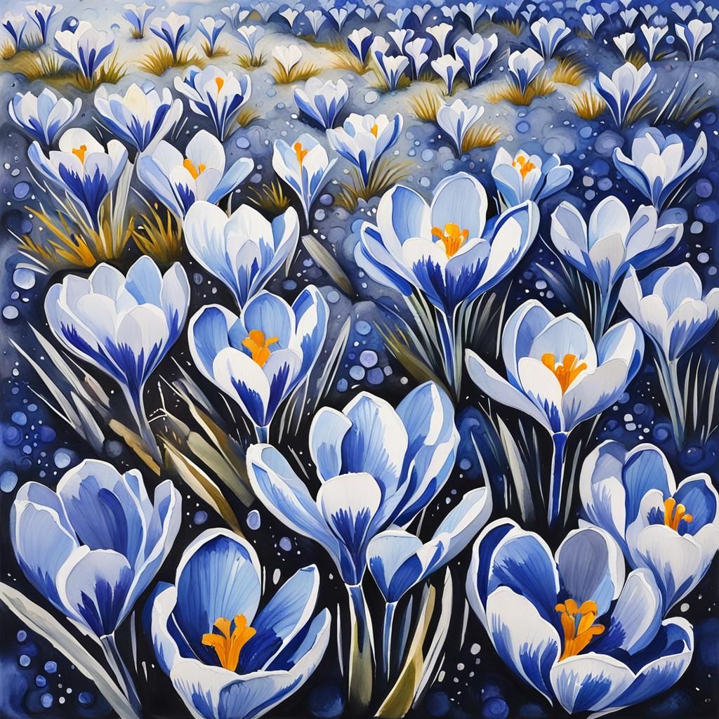 Blue and White Crocus Field: Gouache Aerial View