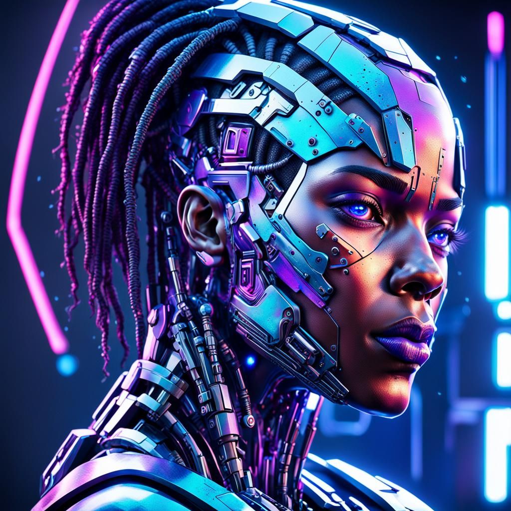 Cyberpunk Cyborg Portrait in Metallic Neon