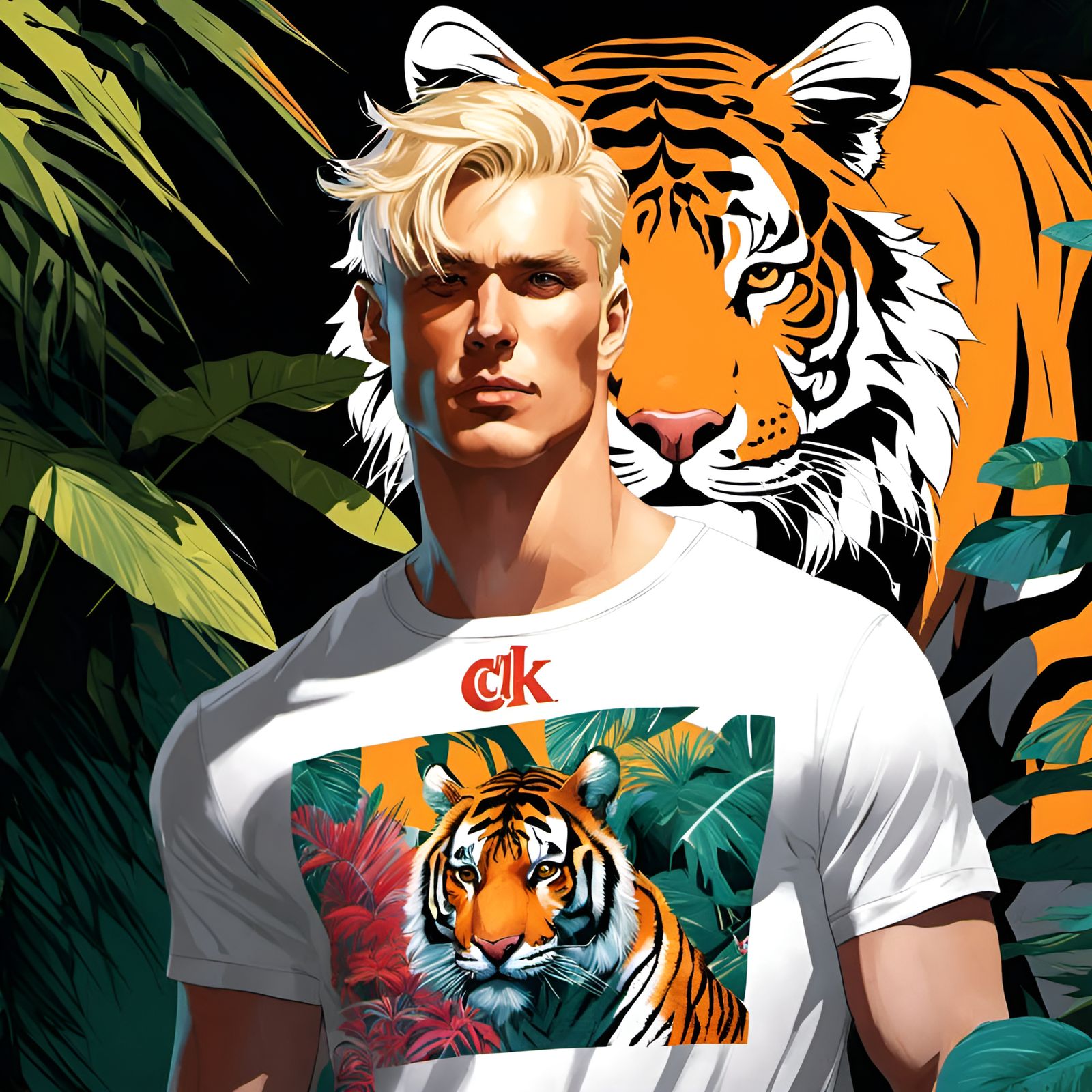 Blonde Model with Tiger Portrait in Comic Book Style