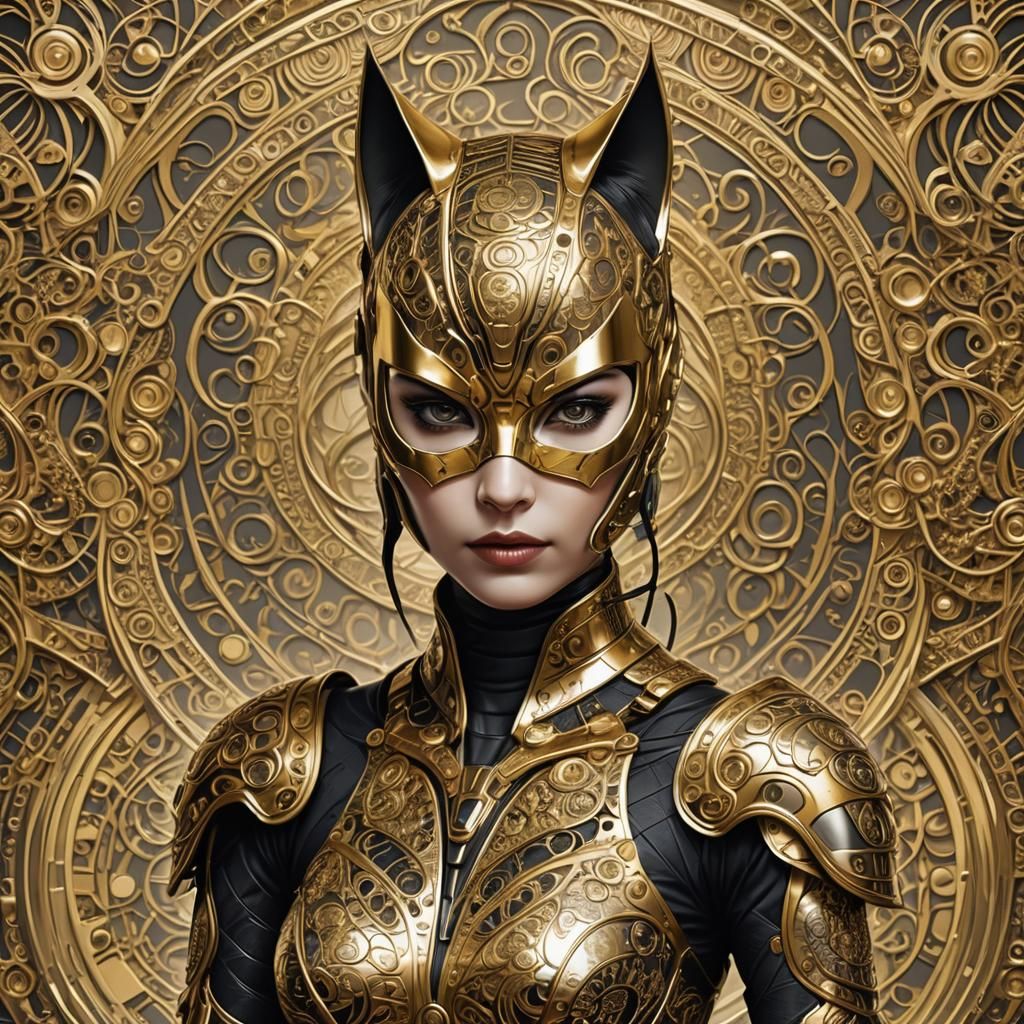 Hyperrealistic Catwoman Samurai in Gold Armor