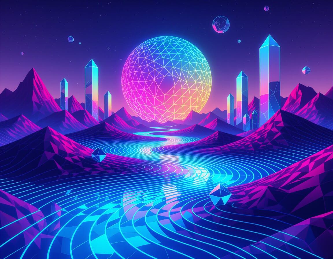 Synthwave Landscape with Prismatic Neon Rivers