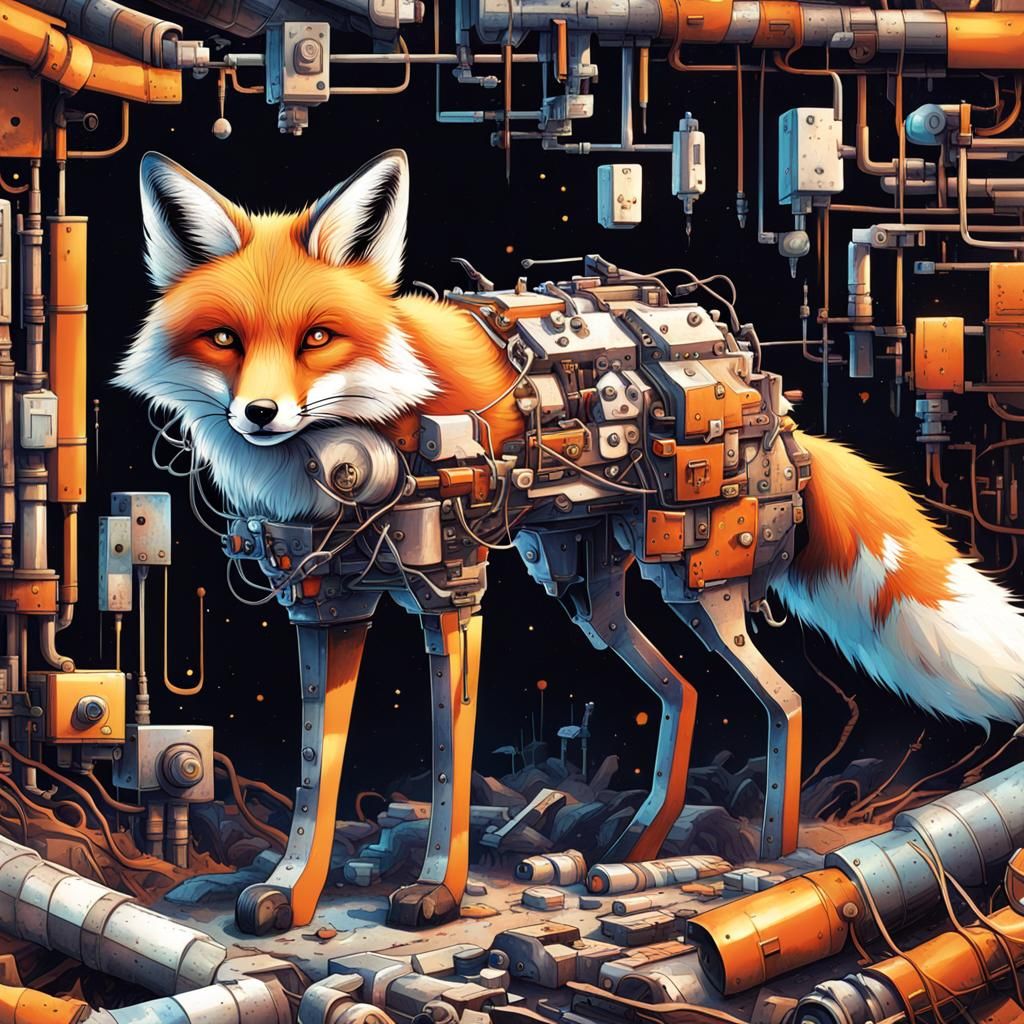 Cyberpunk Fox Scavenging in Megacity Scrapyard