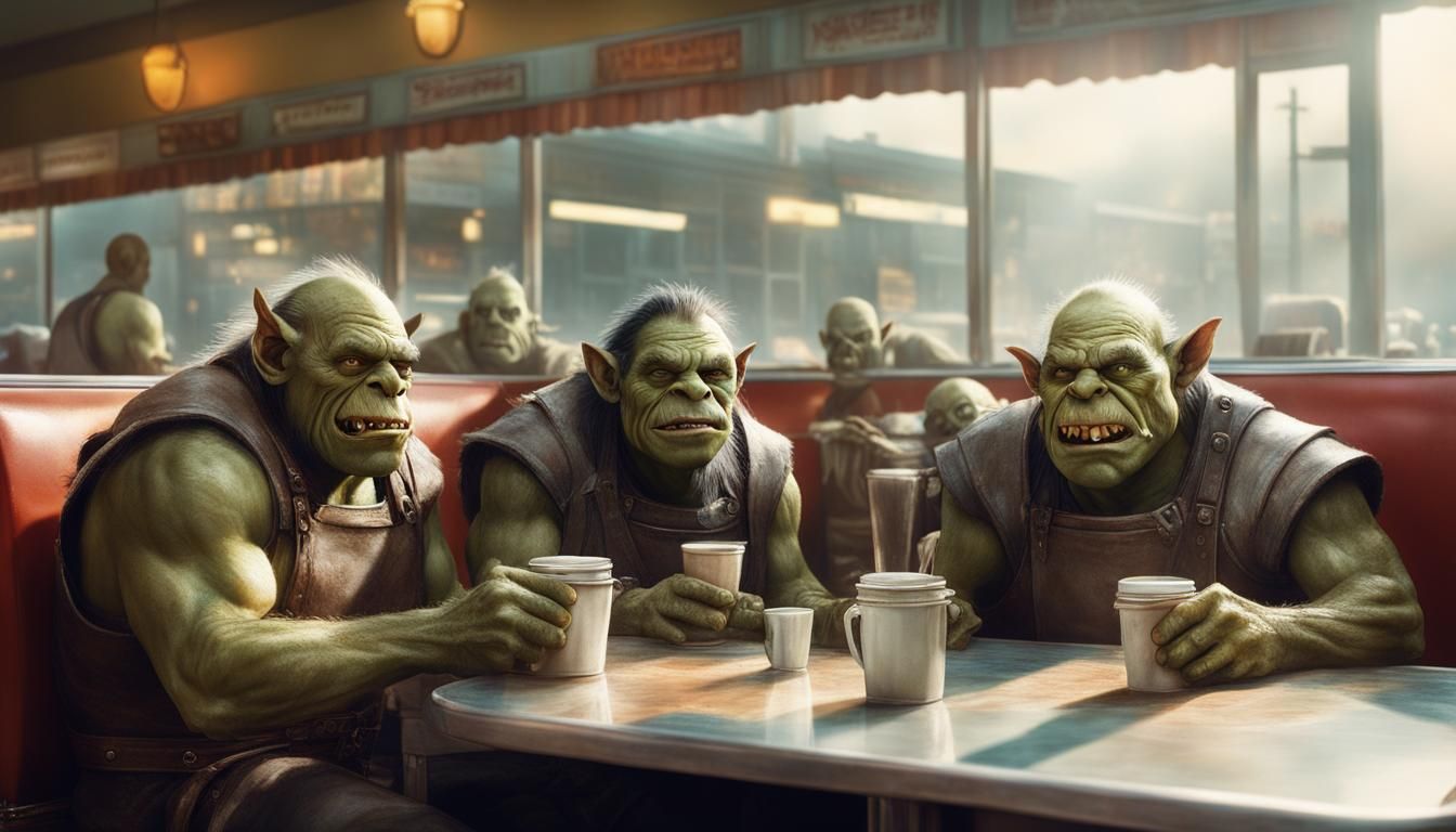 Hyperrealistic Orcs Enjoying Diner Food
