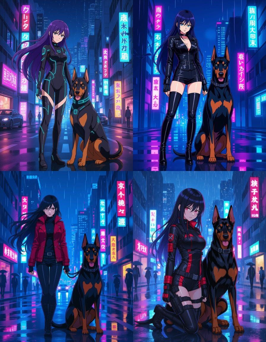 Anime Woman and Doberman in Matching Outfits