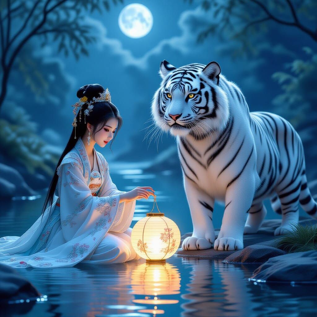 Moonlit River Scene with Princess and Tiger