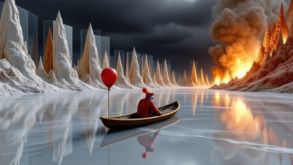 Melancholic Clown on Frozen Lake with Mirror Shores