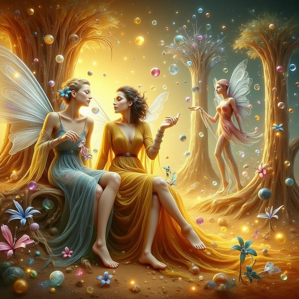 Fairy Friends Discuss in a Dreamy, Surreal Forest Landscape