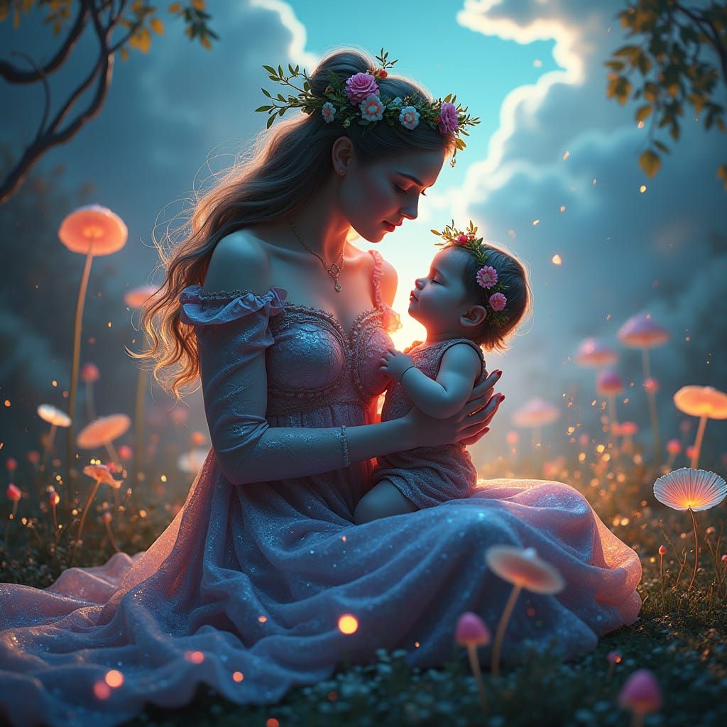 Mother and Child in Whimsical, Magical Landscape