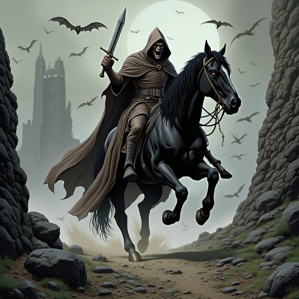 Gothic Rider on Black Stallion in Fantasy Landscape