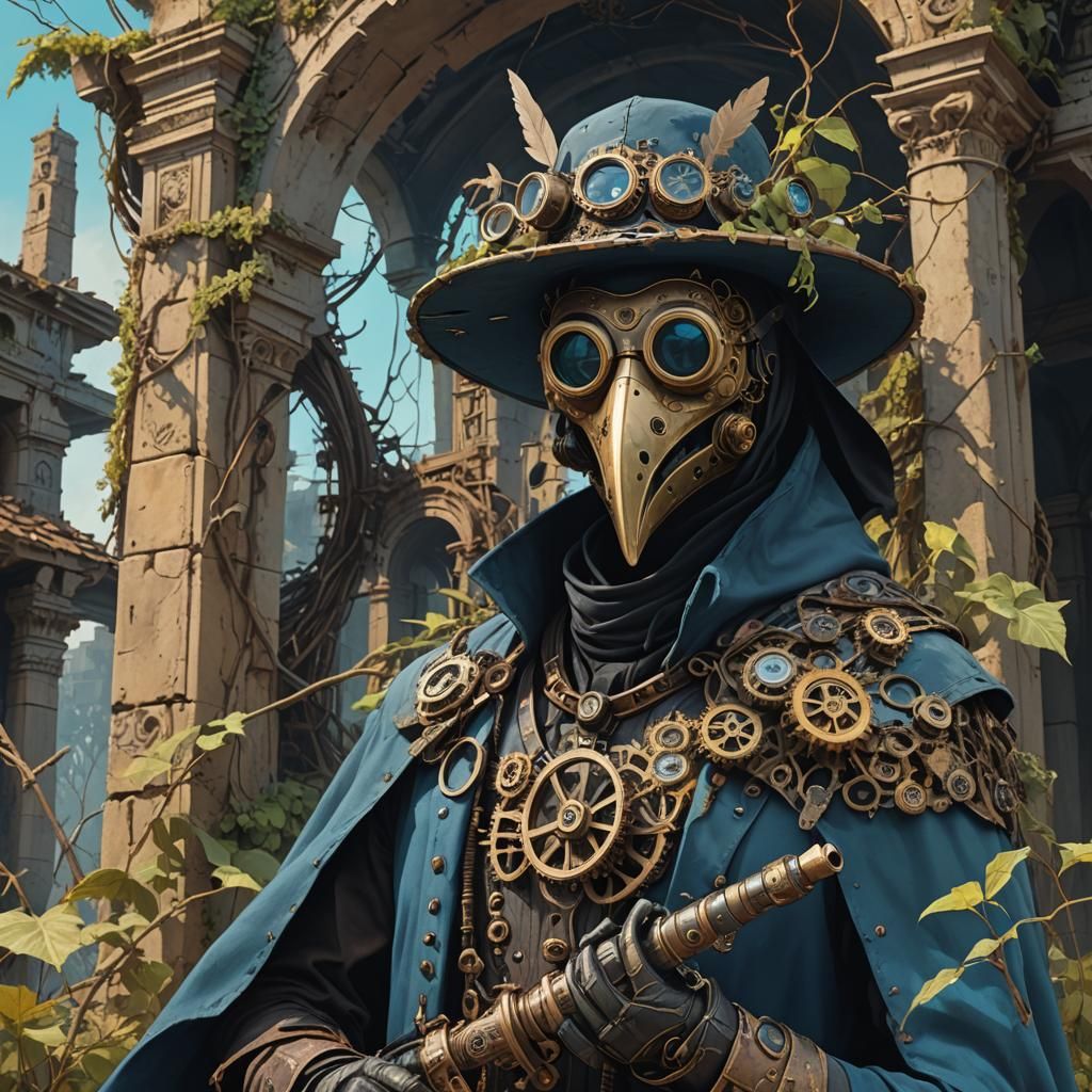 Mayan Steampunk Plague Doctor in Ancient Ruins