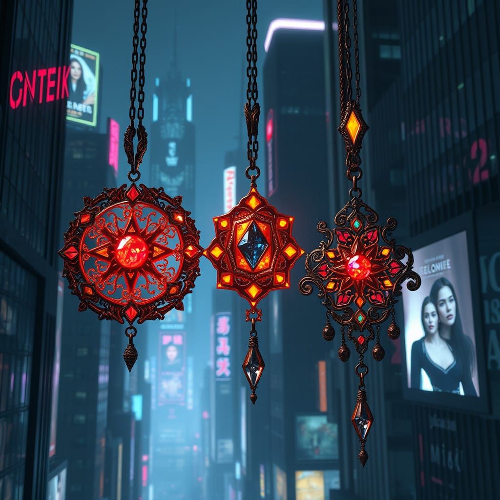 Ethereal Cyberpunk Jewels in a Futuristic Cityscape