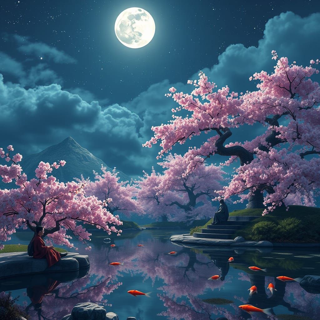 Serene Japanese Garden at Moonlit Night in Concept Art Style