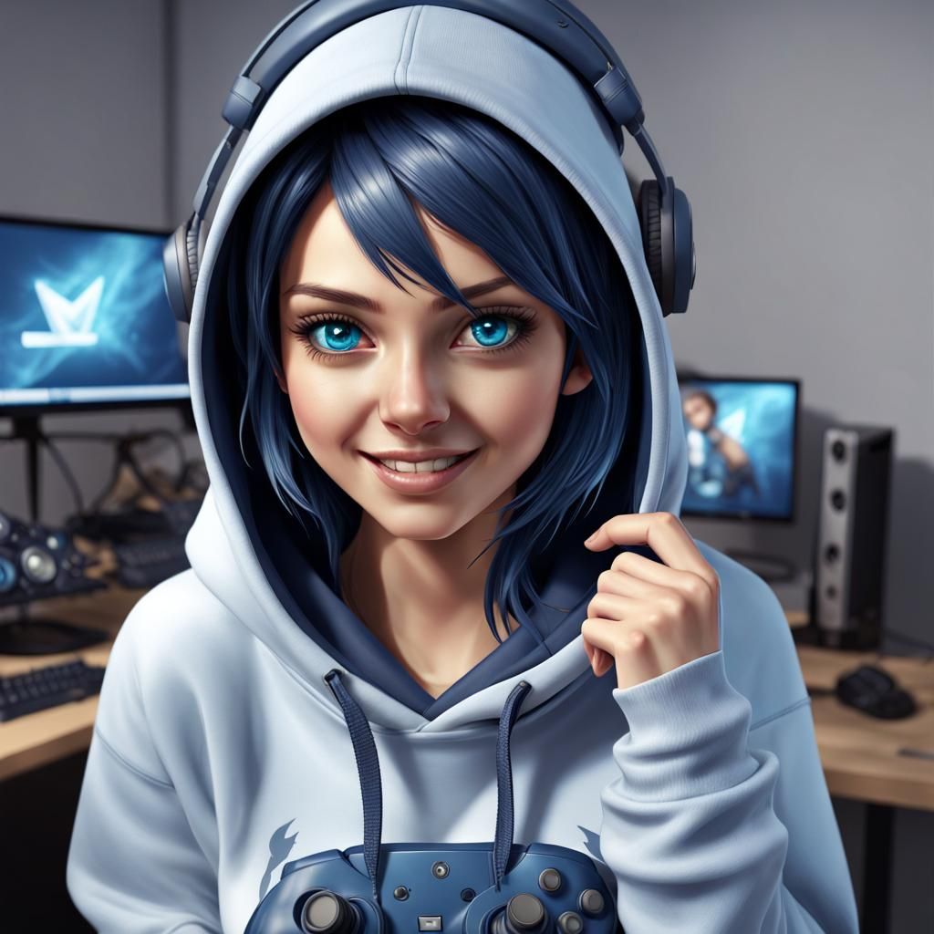Smiling Gamer Girl in 3D Anime Style
