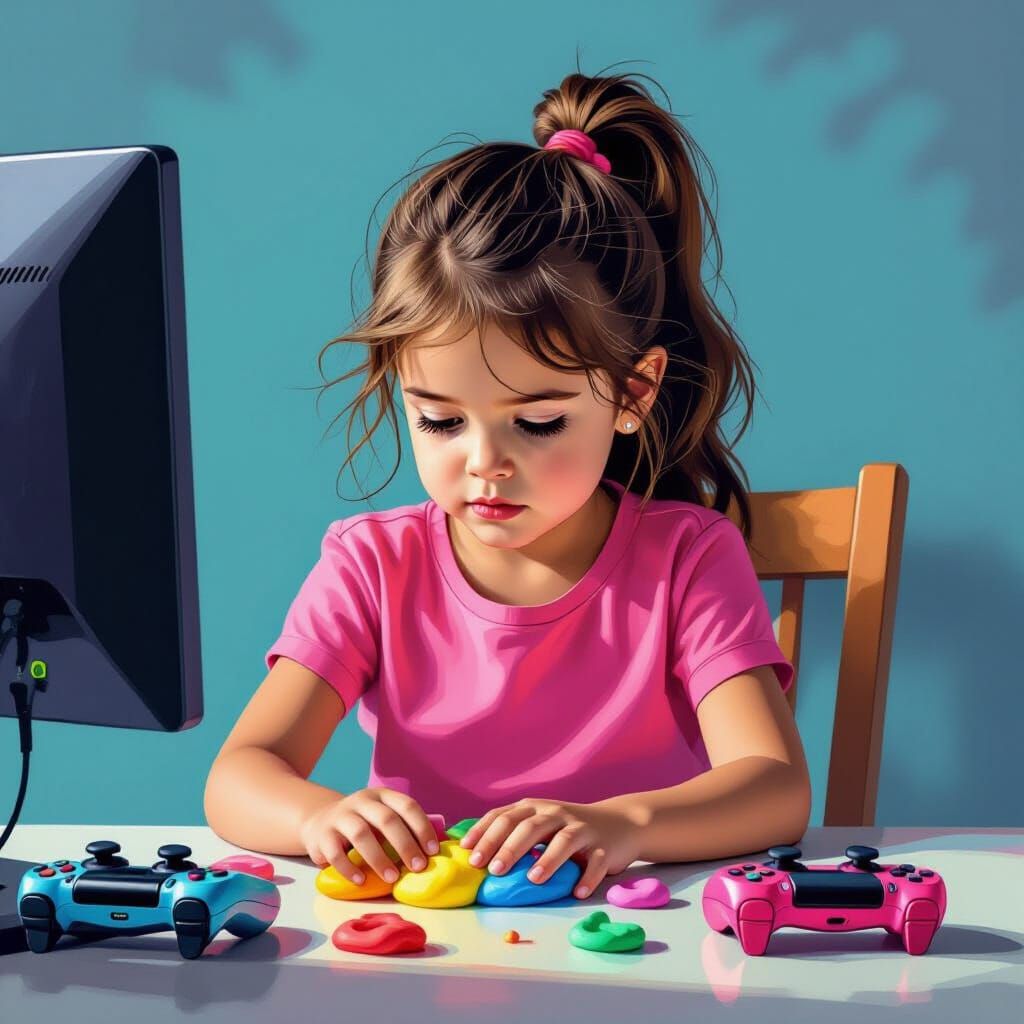 Girl Playing Playdough with Playstation, Whimsical Art