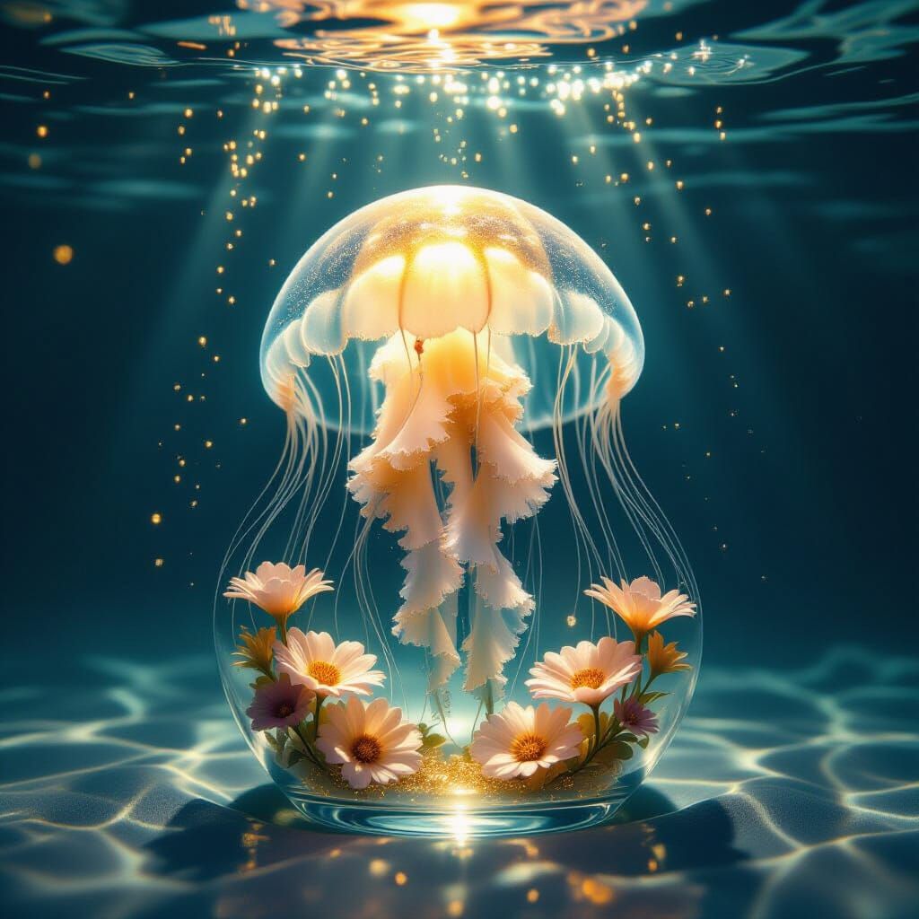 Bioluminescent Jellyfish Rises From Glass in Cinematic Still