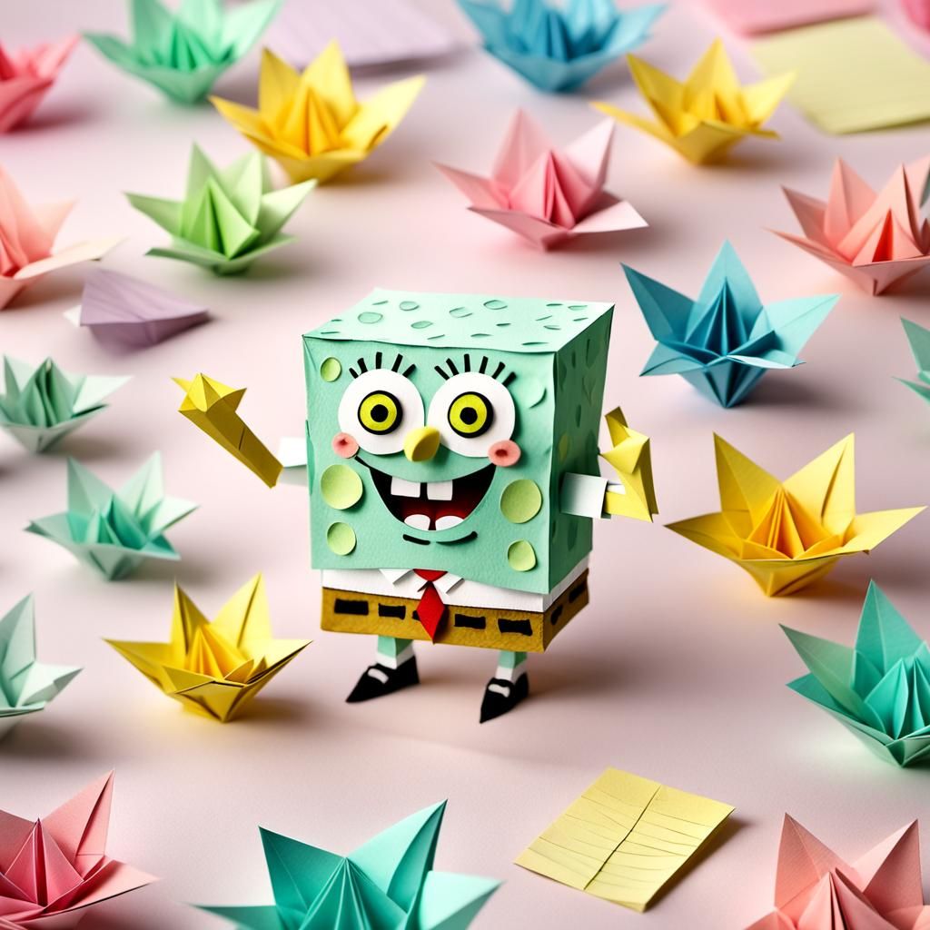 Intricate Origami Spongebob Papercraft on Desk