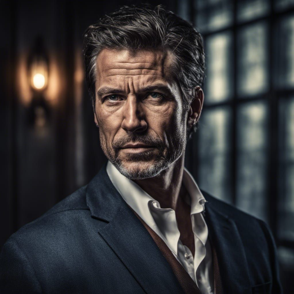 Hyperrealistic Portrait of Handsome Man in Blue Suit