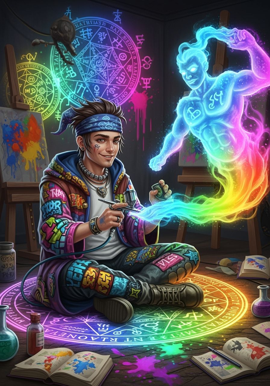 Wizard Conjures Rainbow Genie in Punk-Fantasy Style