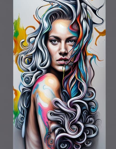 Biomechanical Woman with Mechanical Dreadlocks in Graffiti A...